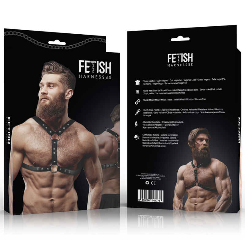 FETISH SUBMISSIVE ATTITUDINE - IMBRACATURA PER IL PETTO IN ECOPELLE CON DOPPIO SUPPORTO E BORCHIE PER UOMO