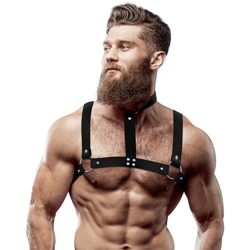 FETISH SUBMISSIVE ATTITUDINE - IMBRACATURA REGOLABILE IN ECOPELLE CON COLLANA PER UOMO