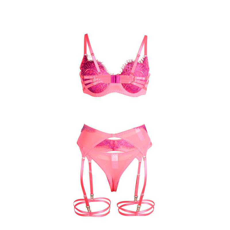 SUBBLIME - 955366 COMPLETO REGGISENO CON PIZZO E LINEE DI GIARRETTIERA ROSA E VIOLA L/XL