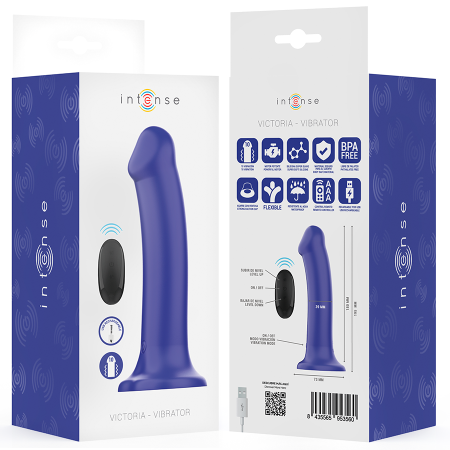 INTENSE - VIBRATORE VICTORIA CON VENTOSA 10 VIBRAZIONI BLU SCURO TELECOMANDO