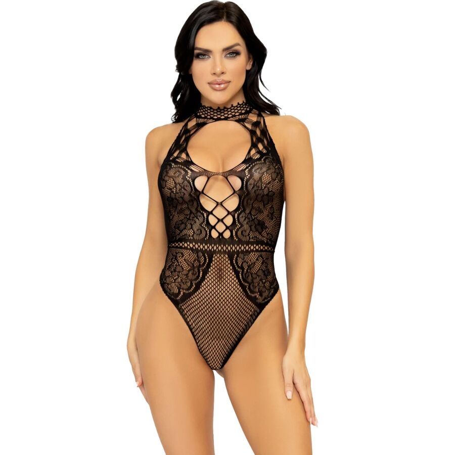 LEG AVENUE - BODY CON APERTURA A CHIAVE IN RETE E PIZZO TAGLIA UNICA