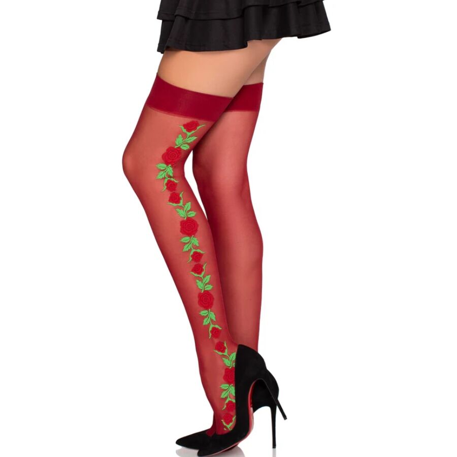 LEG AVENUE - CALZE CON CINTURA GIARRETTIERA 1957 CON FIORI ROSSI - TAGLIA UNICA